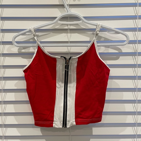 Red Cropped Zip-Up Spaghetti Strap Top - Picture 1 of 1
